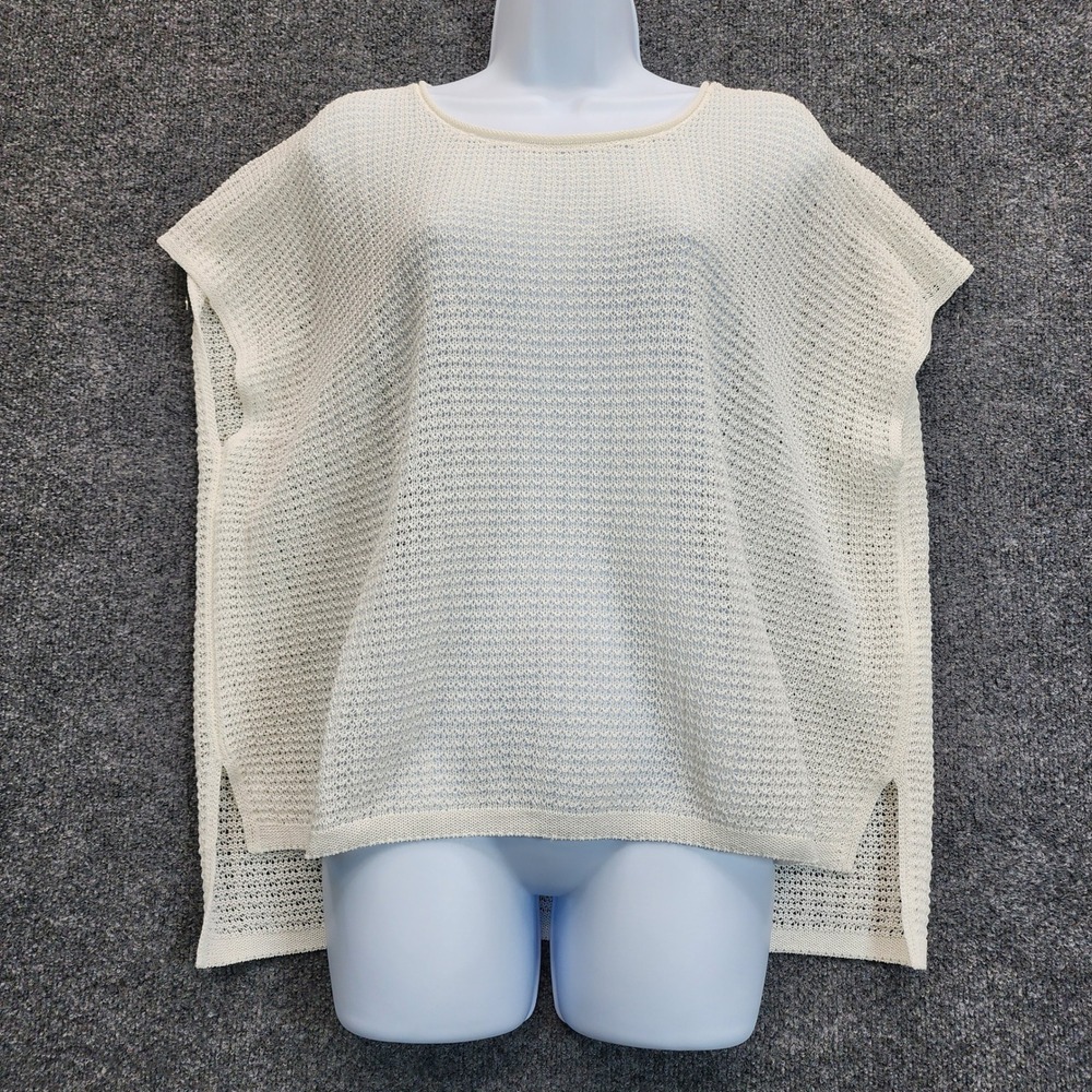 NWT Eileen Fisher Organic Cotton Mesh Knit Boxy Jewel Neck Sweater Ivory L